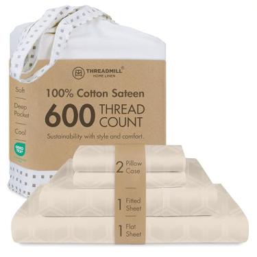 Imagem de Threadmill Lençóis 100% algodão para cama de casal - Conjunto de lençóis de casal de 600 fios com bolso profundo de 40,6 cm - Conjunto de cama de 4 peças de cetim jacquard com efeito refrescante, bege