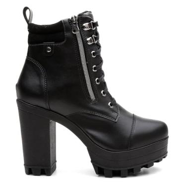 Imagem de Bota Coturno Tratorado Feminino Vicerinne Preto Rockeira Salto Plataforma Zíper Cadarços (35, BR, Adulto, Numérico, 35)