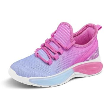Imagem de RUNSIDE Tênis de corrida para meninas, leve, com cadarço, respirável, para crianças, crianças pequenas e grandes, Rosa e azul, 19