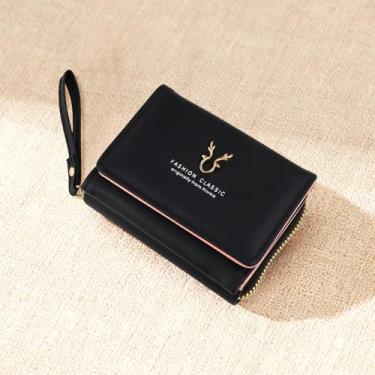 Imagem de Carteira feminina de poliuretano, porta-cartões com zíper triplo com 6 compartimentos para cartão e 2 compartimentos, bolsa compacta pequena e fofa para uso diário, Preto, Moderno