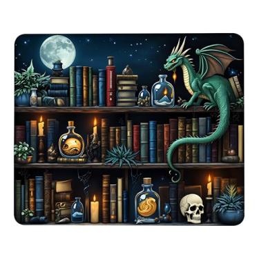Imagem de Mouse pad dragão mágico e livros, mouse pad quadrado com borda costurada, tapete de mesa com base antiderrapante, tapete de proteção de mesa lavável 24 x 19 cm