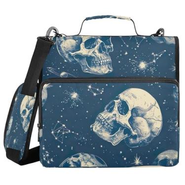 Imagem de SEHANY Fichário com zíper de caveira com alça de ombro, capacidade para 500 folhas, vários bolsos 3,8 cm para fichário com zíper e 3 anéis