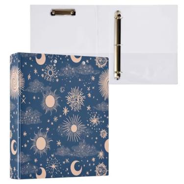 Imagem de Blueangle Fichário elegante com 3 anéis para sol e lua com prancheta e 2 bolsos - Organizador de documentos decorativos de 3 cm para escritório, suprimentos para reuniões (338)