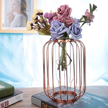 Imagem de Generic Vaso de Ferro de Vidro Em Forma de Lanterna Nórdica para Decoração de Casa de Casamento, Vaso de Flores de Mesa Transparente e Transparente para Decoração de Escritório e Casa (Ouro rosa)