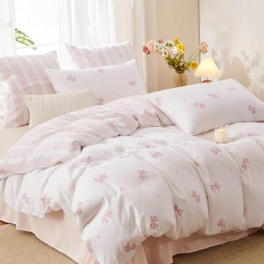 Imagem de Bildenly Conjunto de edredom solteiro branco - Conjunto de cama com 2 peças, listras, edredom macio e leve (168 x 201 cm) para meninas em todas as estações e 1 fronha (76 x 50 cm)