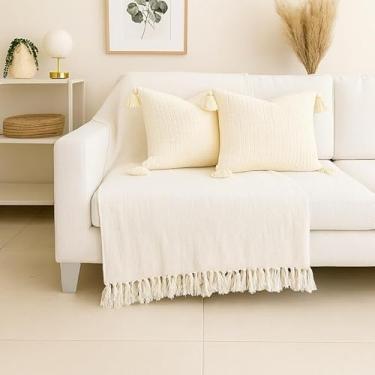 Imagem de Manta Capa para Sofá Gigante XGG 240x180 cm - 100% Algodão, Com Franjas, Proteção e Decoração Luxuosa para Sofá de Casal ou 3 Lugares (Cru)