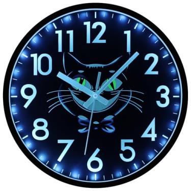 Imagem de JoFomp Relógios de parede silenciosos iluminados de 30,5 cm operados por bateria, relógio de parede de gato para quarto brilho noturno, relógios de parede que brilham no escuro para decoração de sala