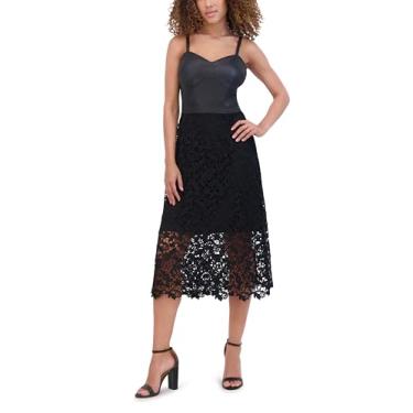 Imagem de Siena Vestido midi feminino de renda floral de couro sintético decote coração sem mangas, Preto, 38