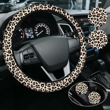 Imagem de Capa de volante marrom com estampa de leopardo para mulheres e homens, antiderrapante de neoprene de alta elasticidade, acessórios de carro, capas de volante, universal de 38 cm para carros, SUVS