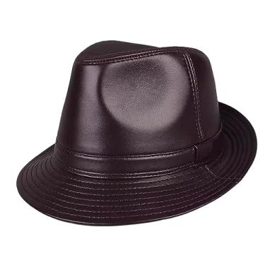 Imagem de Chapéu de couro masculino chapéu de jazz cavalheiro chapéu para festa na praia ao ar livre boné Trilby (marrom-GG