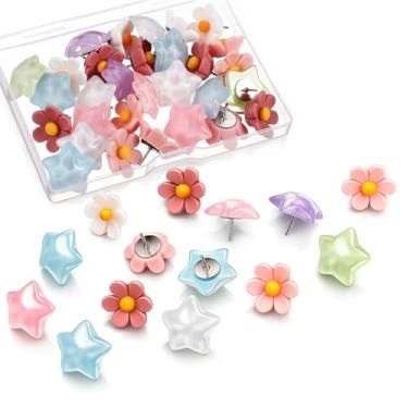 Imagem de Sibba Tachinhas de polegar 30 peças de pinos coloridos fofos para quadro de avisos, tachinhas em forma de estrela, tachinhas decorativas de flores para escritório, casa e escola, acessórios de parede