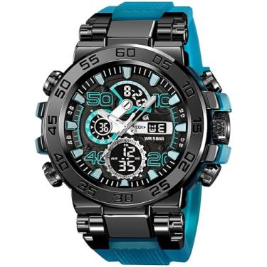 Imagem de findtime Relógios masculinos esportivos ao ar livre laranja para homens, design de cores, mostrador grande, militar, com alarme de data, semana, LED, cronômetro à prova d'água, Azul Tran, Casual