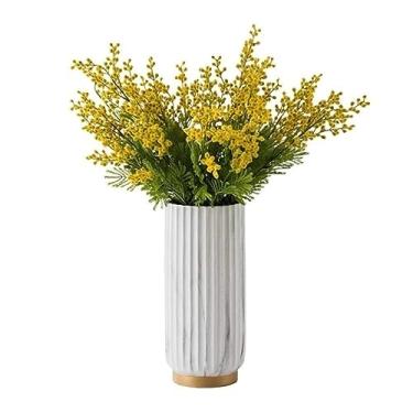 Imagem de LMJYU Flores artificiais, flores falsas, artificiais, amarelas, acácia, mimosa, pelúcia, seda, flor, conjunto de vaso de flores falsas, decoração de mesa para festa de casamento