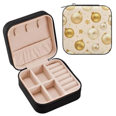 Imagem de Wassud Caixa de joias de viagem com bolas douradas de Natal para mulheres, meninas, senhoras, noiva, mini organizador de joias de couro PU, caixa quadrada de armazenamento de joias para brincos, anéis