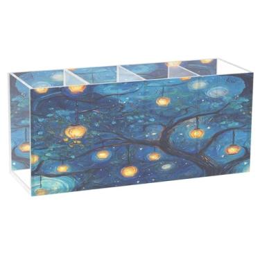 Imagem de CEBUGI Porta-lápis de acrílico transparente com 4 compartimentos, árvore organizadora com lanternas, suporte de pincel de maquiagem para armazenamento em mesa de escritório em casa