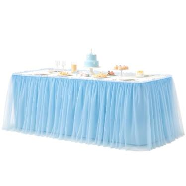 Imagem de PARTISKY Saia de mesa de tule azul de 1,8 m de comprimento para mesas retangulares, saia de mesa de 2 camadas com babados de tule tutu para chá de bebê, meninos, festa de aniversário, bolo de