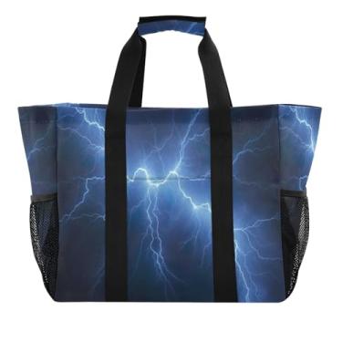 Imagem de Wassud Bolsa de compras reutilizável Lightning grande bolsa organizadora de lona impermeável para praia, piquenique, lavanderia, viagem