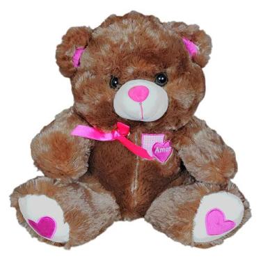 Imagem de Urso De Pelúcia Com Lacinho Detalhes Coração 30Cms - Marrom - Fizzy