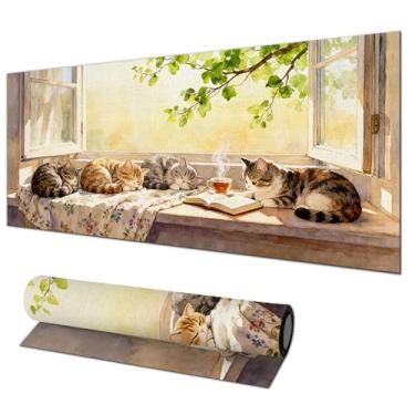 Imagem de HOMETITUTE Mouse pad Cat XL 81,5 x 28 polegadas Gaming Mousepad Diatomite teclado grande mouse pad para casa e escritório acessórios de mesa com janela iluminada pelo sol pacífica ilustração de gatos