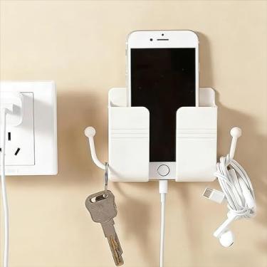 Imagem de 1 peça de suporte de telefone adesivo para parede, suporte de carregamento e controle remoto, bolso multiuso, caixa de armazenamento universal para quarto, cozinha, banheiro, escritório (branco)
