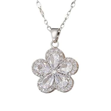 Imagem de CUTEZING Colares de flor de cerejeira com pingente de clavícula para mulheres, colar de flor de cristal, pingente de flor de prata, colar com pingente de cinco pétalas