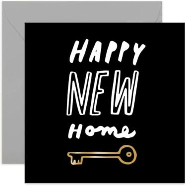 Imagem de Cartão chave Happy New Home da Old English Co. - Chave dourada | Cartão de felicitações de inauguração de casa | Ilustração divertida de chaveiro | Dentro em branco e envelope incluídos