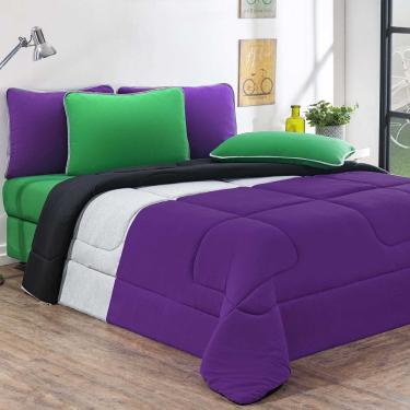 Imagem de Kit Edredom Malha 100% Algodão Urbano 2 Peças Solteiro - Roxo/Mescla/Preto