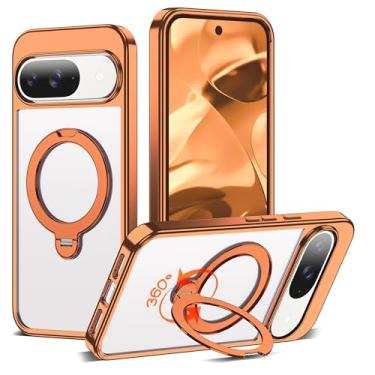 Imagem de RIASOLIN Capa compatível com Google Pixel 9/9 Pro com suporte de anel invisível rotativo de 360°, compatível com Mag-Safe, capa de telefone transparente com ótima sensação de aderência para mulheres e