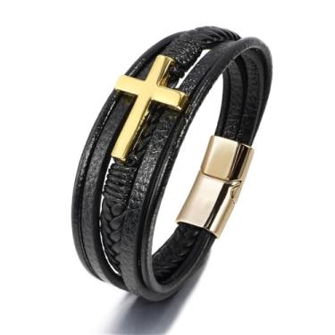 Imagem de Q&D&S Pulseira cruzada de couro trançado multicamadas, pulseira preta de couro legítimo, pulseira masculina de estilo religioso, 8.26 inch, Couro, Sem Pedra Preciosa