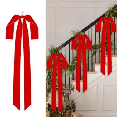 Imagem de Aneco 12 peças de laços de Natal de veludo vermelho 89 x 40,6 cm Grande laço de Natal pré amarrado cerca escadaria grinalda laços de árvore de Natal para decoração de Natal porta de casa ao ar livre