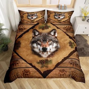 Imagem de Jogo de cama Queen com estampa de cabeça de lobo 3D, 3 peças, estampa de pata de animal selvagem, cabana, capa de edredom para crianças, adolescentes e adultos, pinhas, retrô, listras marrons, capa de