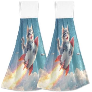 Imagem de TSENQUE Toalha de mão personalizada de gatinho fofo foguete com laço para pendurar conjunto de 2 toalhas de amarrar no forno, toalha de cozinha macia absorvente para decoração de casa, 46 x 35 cm