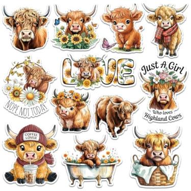Imagem de 12 peças adesivos de vaca Highland Cute Floral Farm Cow Designs Presentes para amantes de vacas adolescentes adultos amigos para laptop, garrafa de água, copo, caderno, diário, scrapbook, decoração