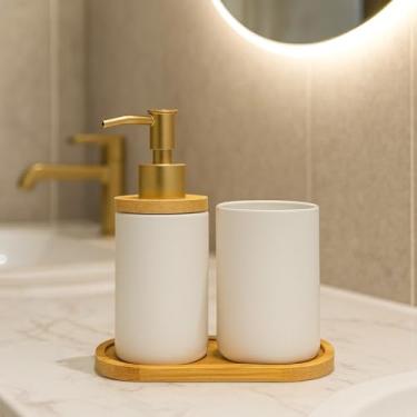 Imagem de Kit Banheiro Lavabo em Cerâmica com Dispenser para Sabonete Líquido e Porta Escova de Dente Decorativo(BRANCO BAMBU LISO)