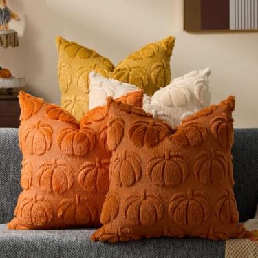 Imagem de DFXSZ Capas de almofada de outono 45,7 x 45,7 cm, conjunto de 4 decorações de outono, multicoloridas, grandes, abóboras, macias, felpudo, de lã sintética, para sofá, cadeira, sala de estar, decoração