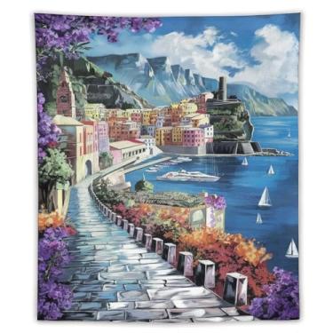 Imagem de Tapeçaria colorida de cidade mediterrânea litoral porto glicínia flores caminho de paralelepípedos aldeia penhasco decoração de arte de parede cênica para sala de estar quarto casa estilo costeiro 70