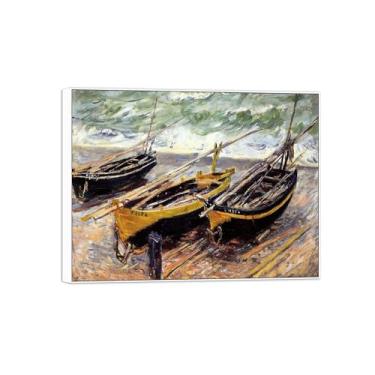 Imagem de BMZFYBS Impressão em tela de parede famosa de Claude Monet pronta para pendurar - três barcos de pesca - pintura com moldura branca para decoração de sala de estar 60 x 80 cm 24 x 31 pol