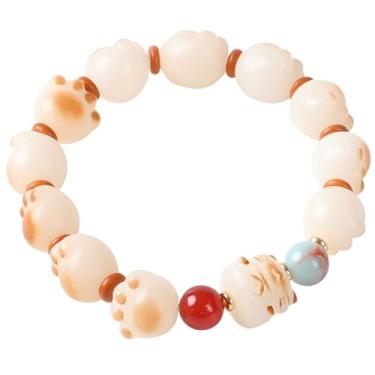 Imagem de Moslovstar Pulseira de pata de gato feita à mão com semente de Bodhi Natural Pulseira Elástica Traz Boa Sorte Riqueza Amizade para Mulheres 16,5 cm Bonito Estilo Carvão Queimado, 12mm, Madeira, Sem