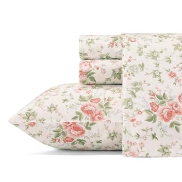 Imagem de Laura Ashley - Lençóis de cama Queen, roupa de cama de algodão acetinado macio e sedoso com fronhas combinando, bolso profundo, certificado Oeko-Tex (Lilian Coral)