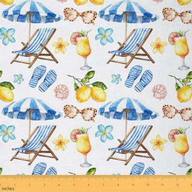 Imagem de Hawaii Beach Fabric by The Yard, Summer Seaside Umbrella Chair Flip Flops Tecidos para estofados e projetos DIY, suco de limão tropical flores plumeria tecido pré-cortado, 3 metros 274 cm C x 149 cm L