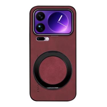 Imagem de POYUFRG Capa magnética para Xiaomi 17 Pro Max/17 Pro/17, capa de couro de negócios antiderrapante fina com suporte de anel de metal giratório, vermelha, 17