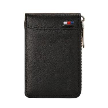 Imagem de Carteira masculina de couro curta com zíper, bolsa preta clássica com zíper (preto)