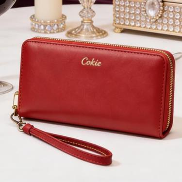 Imagem de Carteira feminina, bolsa de couro longa multiuso elegante com zíper único, carteira de grande capacidade com vários compartimentos para cartão e bloqueio RFID (vermelha)