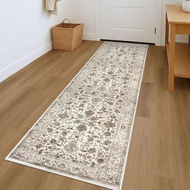 Imagem de KILOCOCO Tapete de corredor de corredor 5 x 18 cm estampado vintage floral lavável tapete de corredor de cozinha antiderrapante tapete boho macio envelhecido para quarto lavanderia, bege/marrom
