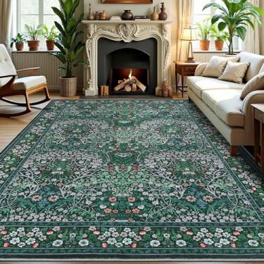 Imagem de GarveeHome Tapete floral lavável 20 x 25 cm tapetes grandes para sala de estar, tapetes boêmios macios para quarto, tapete botânico antiderrapante para sala de jantar, berçário, verde escuro