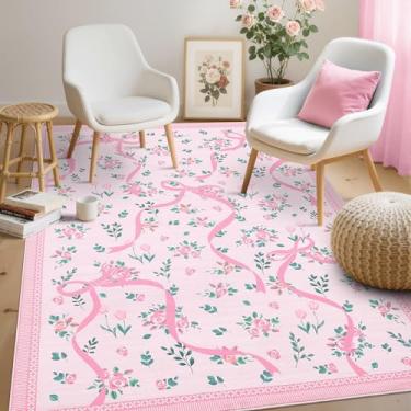 Imagem de GarveeHome Tapetes Coquette rosa para quarto de meninas, tapete para sala de estar com pelo baixo macio, laço floral lavável para berçário, dormitório infantil, sala de jogos