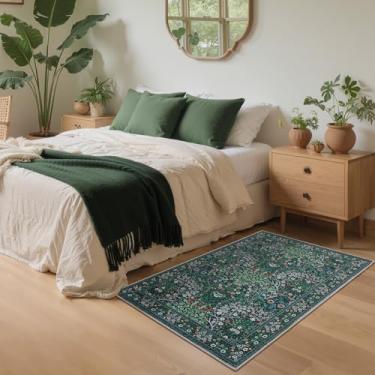 Imagem de GarveeHome Tapete floral lavável 2x3 verde antiderrapante boho para banheiro, tapete macio para porta interna, tapetes botânicos para entrada, quarto, verde-escuro