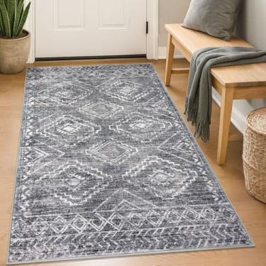 Imagem de KILOCOCO Tapete de entrada Boho 7,5 x 12,5 cm, lavável, antiderrapante, tapete cinza macio para cozinha, sala de estar, sala de jantar, quarto, tapete geométrico, marroquino