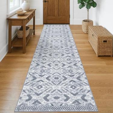 Imagem de KILOCOCO Tapete de corredor de corredor 6 x 25 cm tapete lavável marroquino tapete antiderrapante tapete de entrada tapete longo para quarto, cozinha, sala de estar, banheiro, geométrico, boho, cinza,