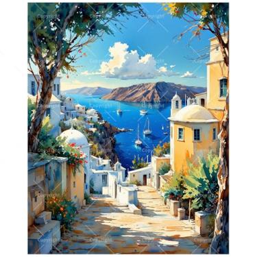 Imagem de Kit de pintura de paisagem mediterrânea por números para adultos - DIY Santorini Coastal View Painting on Canvas, conjunto de tinta acrílica, adequado para iniciantes, arte para decoração de casa ou